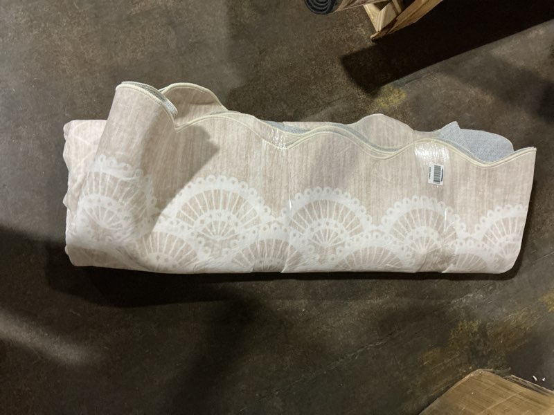 Condition photo showing As Is for scalloped bordered washable 2x6 large area rugs, low pile stain resistant non-slip foldable carpet for living room bedroom entryway, beige