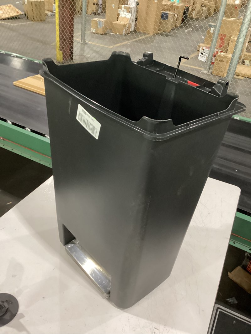Condition photo showing As Is for rubbermaid premier series ii step-on trash can for home and kitchen, with lid lock and slow close, 12.4 gallon, charcoal, for home/kitchen/garage/apartment/office