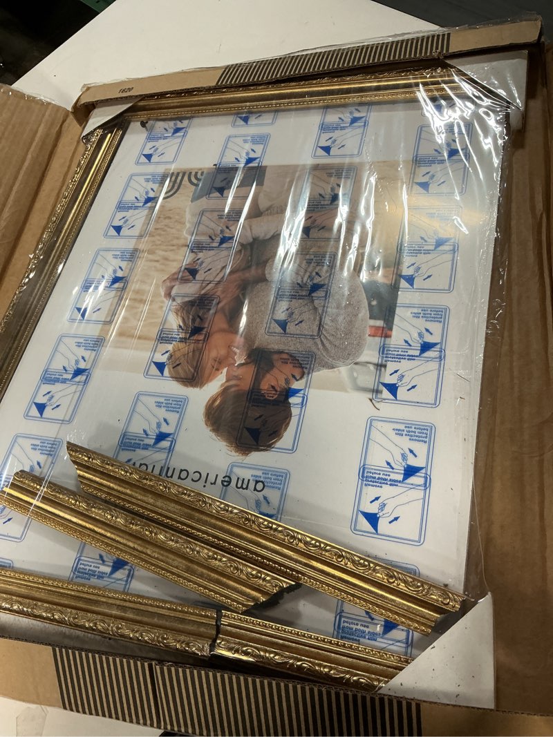 Condition photo showing As Is for americanflat 16x20 picture frame with polished plexiglass - use as 11x14 frame with mat or display 16x20 photo without mat - ornate picture frames for wall display - gold ornate vintage frame 16x20 gold