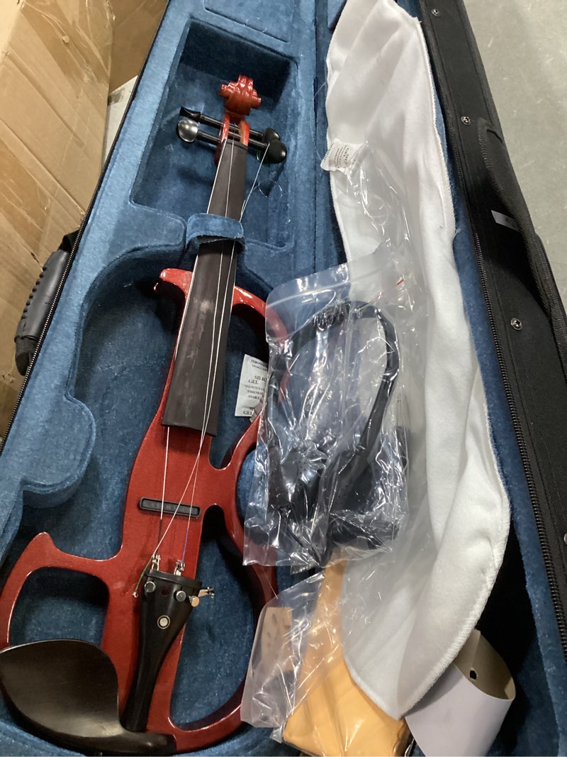 Condition photo showing As Is for electric violin, 4/4 full size silent violin, solid wood silent fiddle with ebony fittings, silent electric solid wood violin kit for beginner and professional musicians (mahogany) red