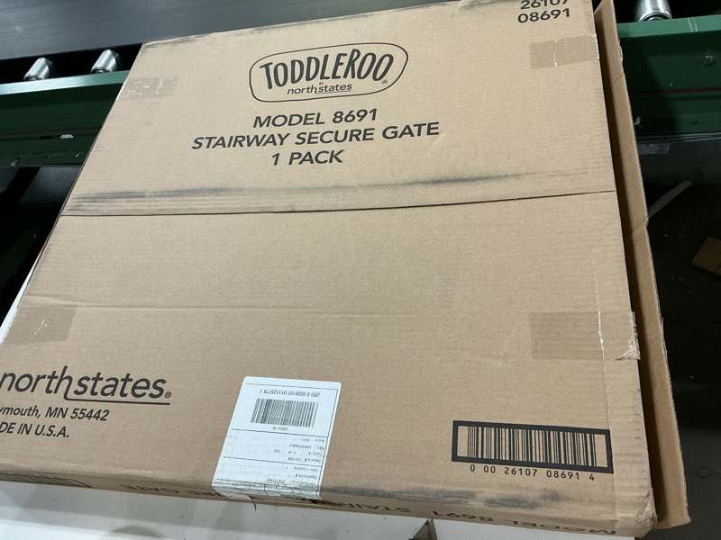 Condition photo showing As Is for Toddleroo by North States - Stairway Secure Baby Gate: Plastic Baby Gate for Stairs & Doorways - Adjustable Indoor Safety Gate - Made in USA - 27 to 41 Inches Wide - 27 Inches Tall - Ivory