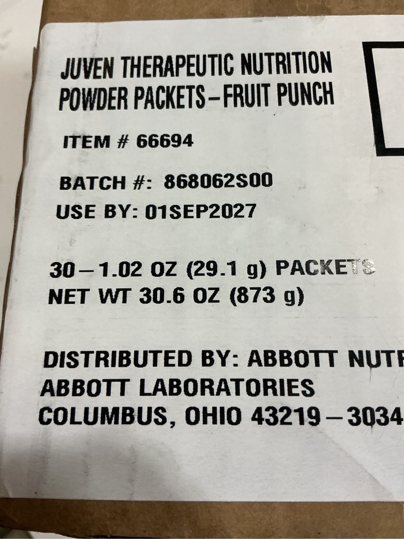 Condition photo showing New/Like New for (use by: 01/09 2027)juven therapeutic nutrition drink powder including collagen peptides, amino acids, and hmb for wound healing support, fruit punch, 30 packets fruit punch 30 count