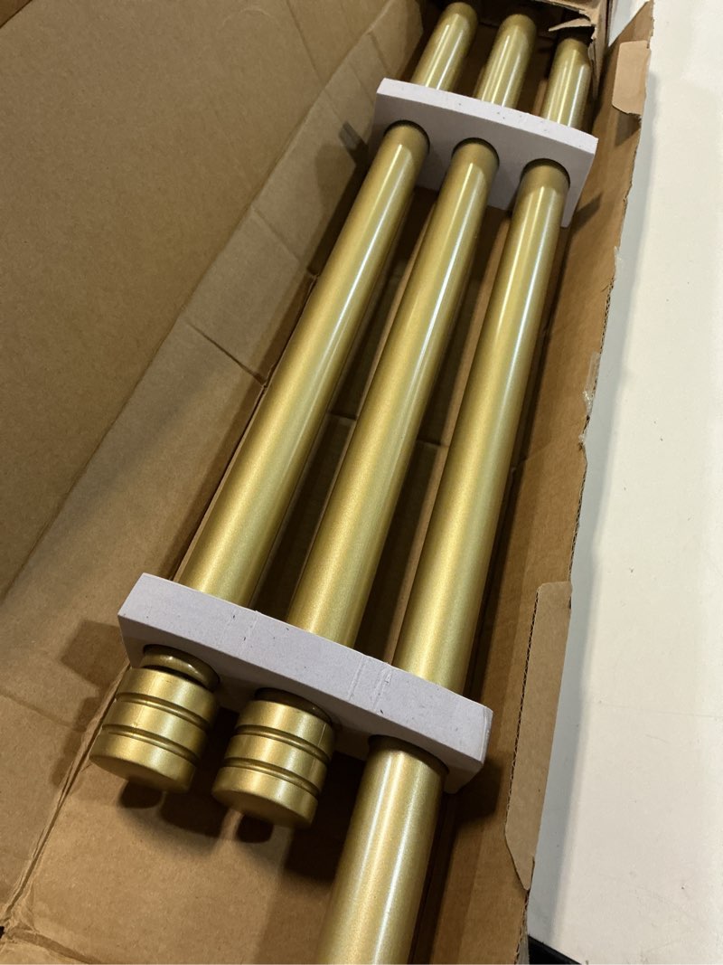 Condition photo showing Good Condition for Bay Window Curtain Rods 36-72 Inch, HOTOZON 1 Inch Curtain Rods for Bay Windows 24-68 Inches(Center Rod)), 20-36 Inch Side Rods for Windows 8-32 Inches with End Cap Finials, Antique Gold Antique Gold 36-72" (3 Sides)