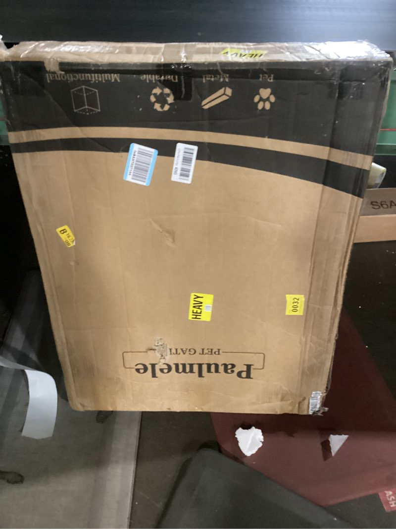 Condition photo showing New/Like New for full metal free standing dog gate with door for indoor outdoor, 144'' extra wide 32'' tall dog gate for doorways,large openings,decks,freestanding portable pet fence(6 panels,black) white ?6 panels with door? 32''h*144''w