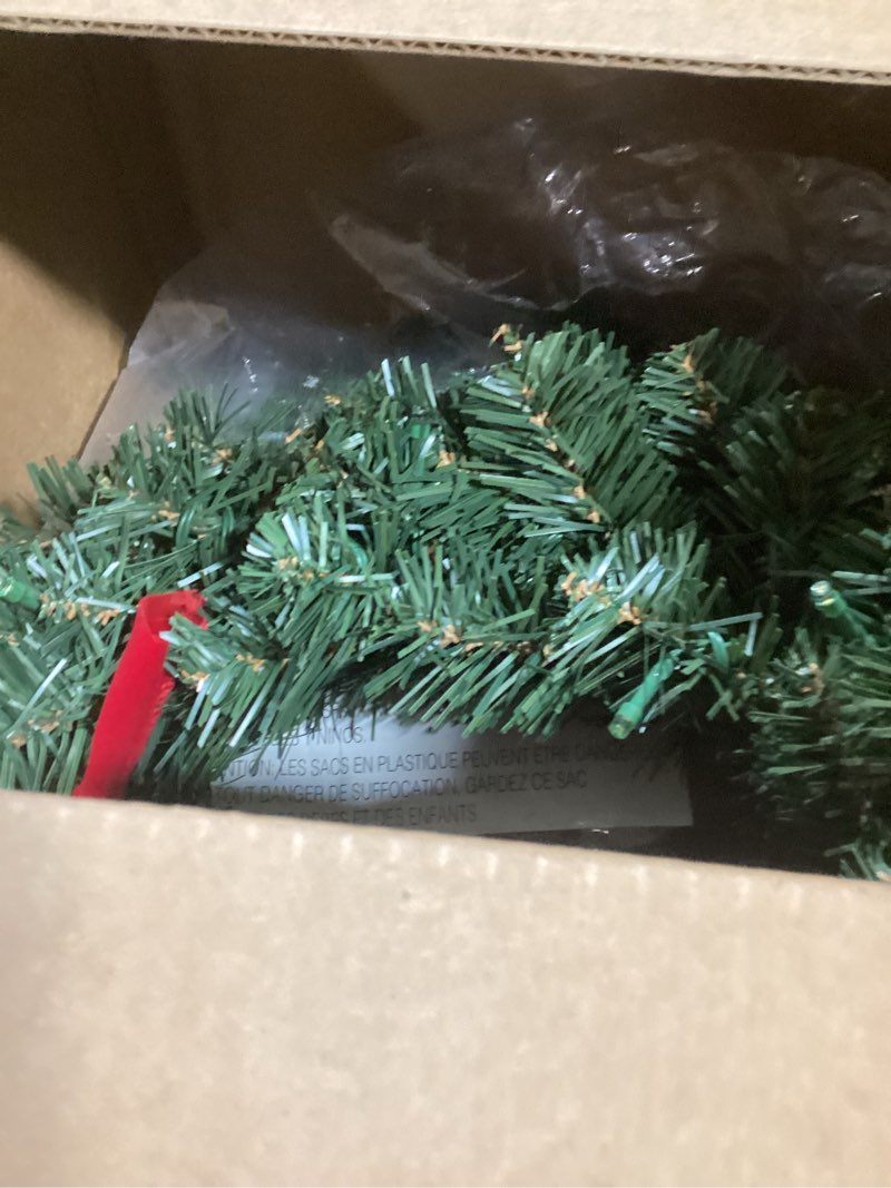 Condition photo showing New/Like New for set of 3 artificial pre-lit balsam pine christmas wreaths with red bows, 16 inches, battery operated with timers