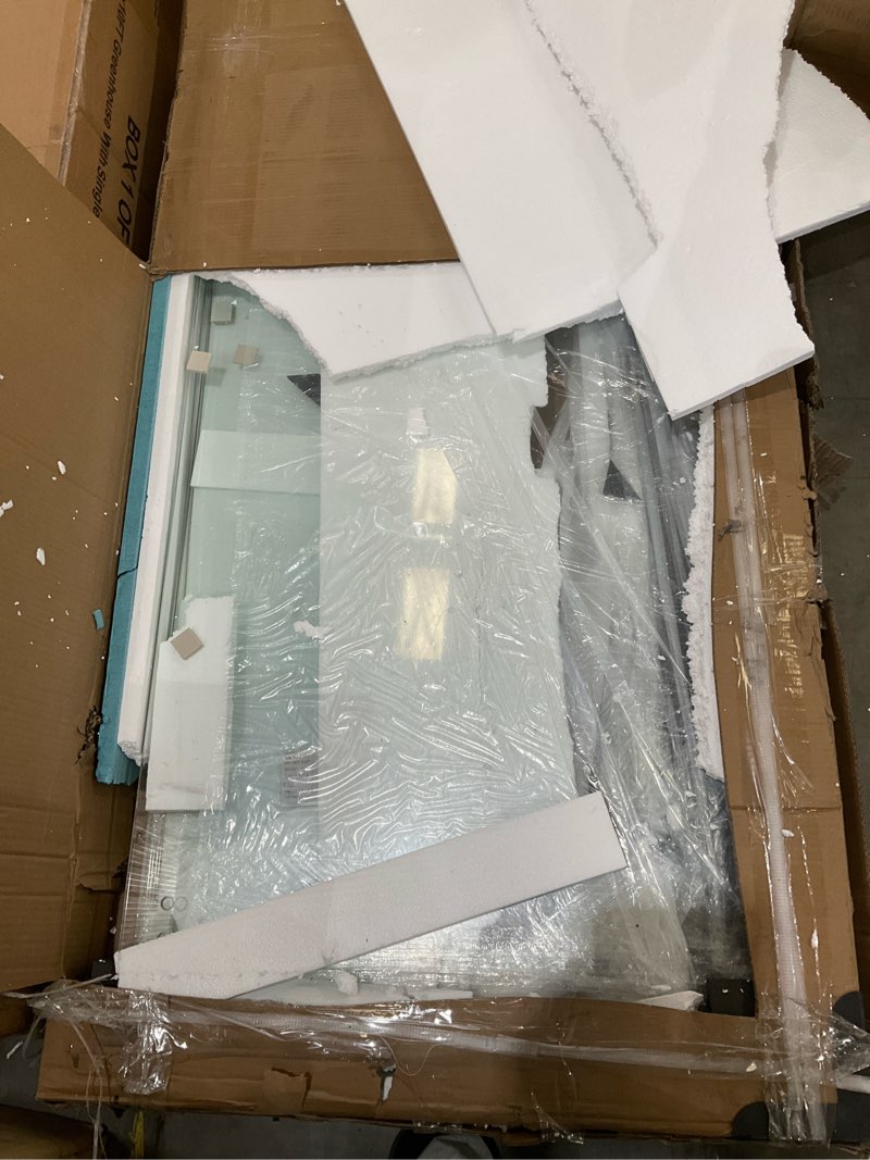 Condition photo showing As Is for 36" x 36" d x 72" h neo angle shower door, corner shower enclosure with 1/4" clear tempered glass, space-saving diamond shower stall with anti-explosion film & easy-clean nano coating, matte black matte blaclk 36 in. w x 72 in. h