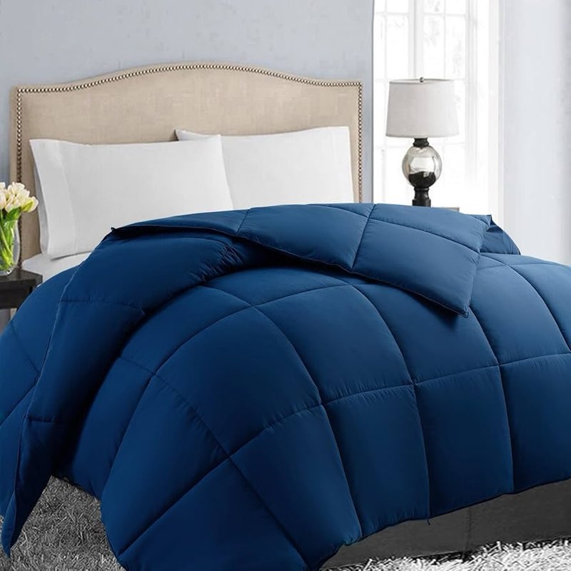 easeland oversized queen down alternative comforter - quilted duvet insert for all seasons, soft lightweight with corner tabs, summer winter warm bedding, navy 90x102inches