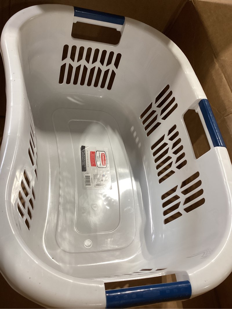 Condition photo showing Good Condition for rubbermaid large hip-hugger laundry basket/hamper, 1.5-bushel, white, stackable storage bin/organizer for bathroom/bedroom/dorm/home 1.5 bushel large hip hug basket
