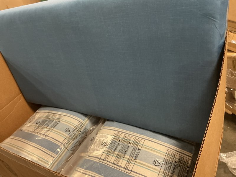 Condition photo showing Good Condition for arden outdoor loveseat cushion set, 48 x 24, water repellent, fade resistant, cushion set for couch, bench, and swing, french blue linen stripe