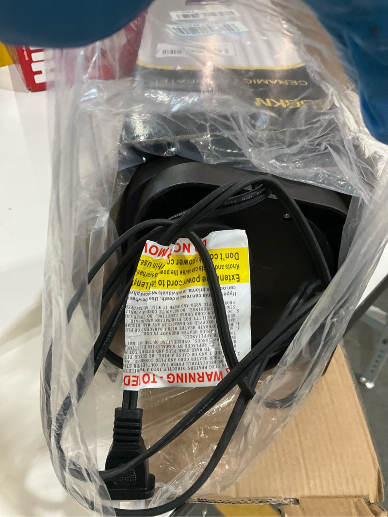 Condition photo showing As Is for portable space heater, 1500w ceramic heating fan with thermostat, remote control, 3 heating modes, 70° oscillation, ideal for office, home, and bedroom use