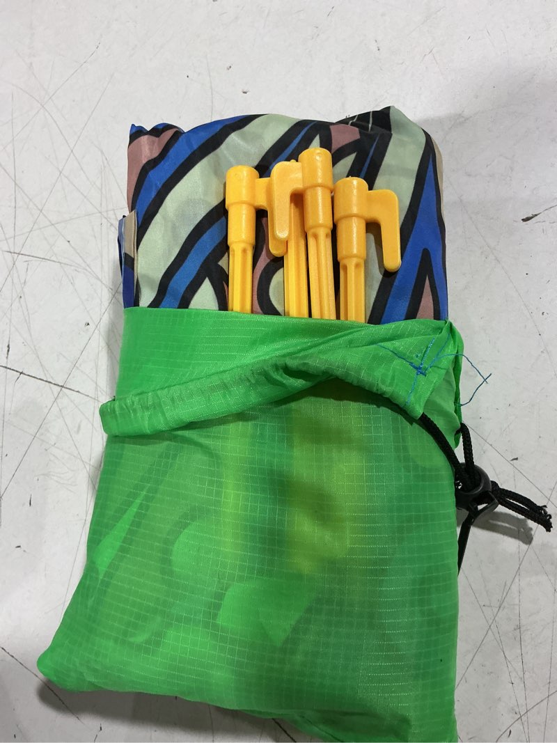 Condition photo showing As Is for beach blanket waterproof sandproof 78''x81''/10'x9' oversized big blanket | sand free large blanket for beach,waterproof picnic hiking blankets with stakes, lightweight foldable beach towel accessories 78" x 110" bule2