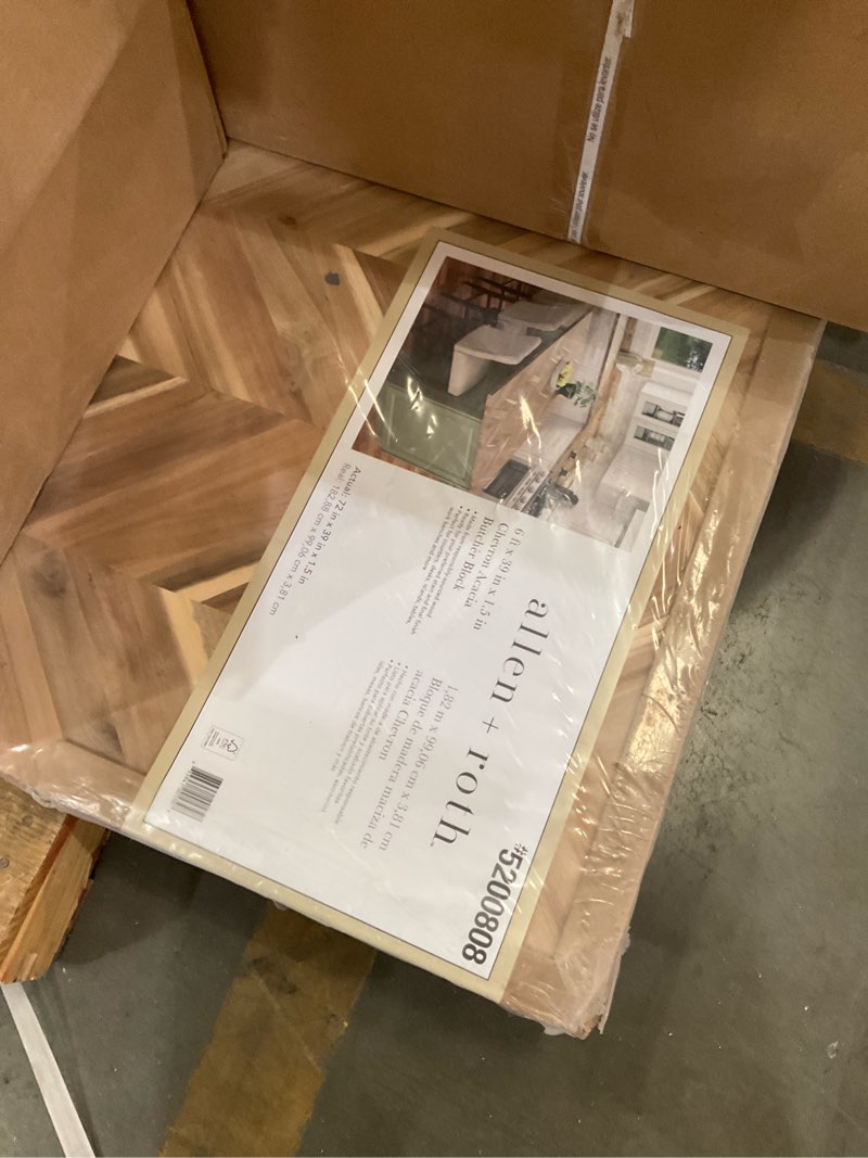 Condition photo showing As Is for allen + roth natural grain 6-ft x 39-in x 1.5-in chevron acacia wood butcher block countertop