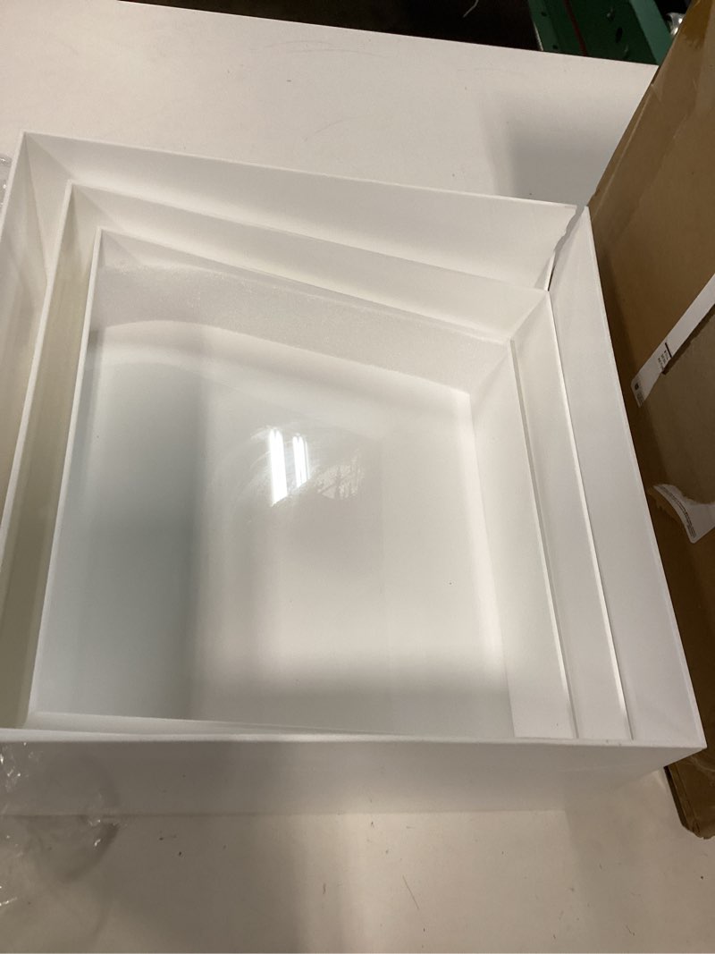 Condition photo showing As Is for nestable buffet risers - 6 pcs white acrylic food risers with signs & markers – sturdy dessert table display stands for parties, catering, jewelry & collectibles (easy-store stackable cubes: 8", 7", 6", 5", 4", 3") 8",7",6",5",4",3" 6