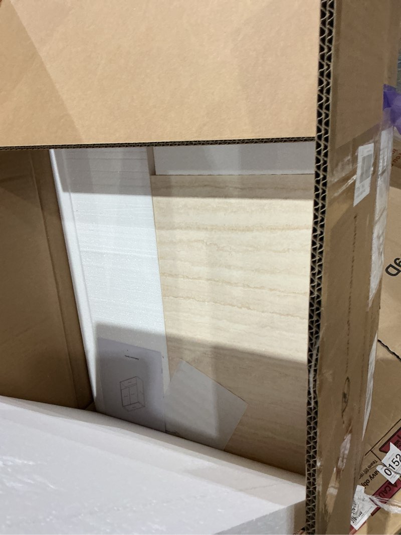 Condition photo showing As Is for 26 in. w x 8 in. d x 30 in. h beige plywood linen cabinet with doors, shelf and open storage