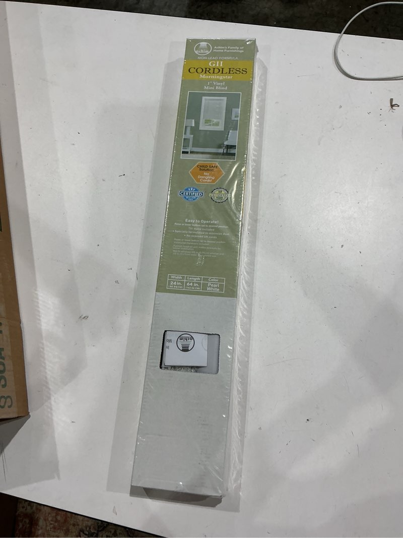 Condition photo showing New/Like New for achim gii morningstar indoor cordless white vinyl light filtering window mini blind  64  l x 24  w