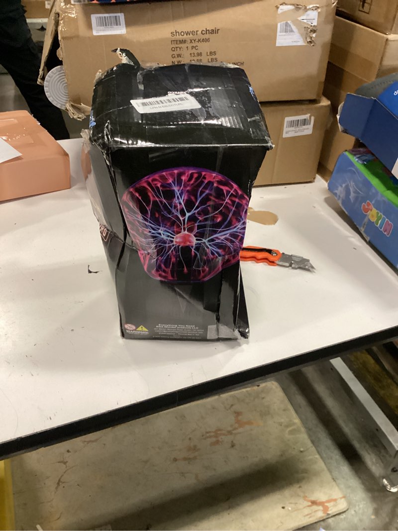 Condition photo showing As Is for katzco 7 inch plasma ball lamp - touch and sound sensitive electric globe with lightning effects - plug-in energy ball for parties, room decor, and stem learning - static electricity sphere for kids 7 inch red