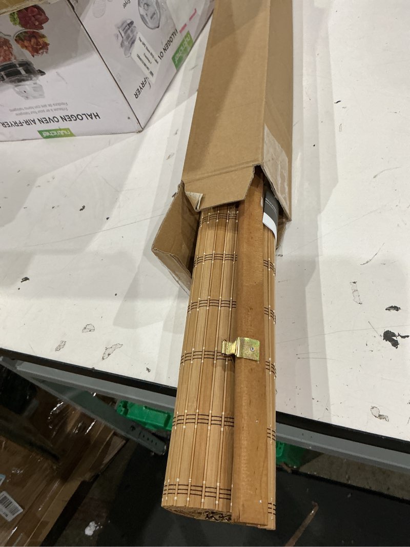 Condition photo showing As Is for lazblinds cordless bamboo blinds, bamboo roll up shades for windows, light filtering hanging window blinds, shades for patio indoor/outdoor porch, 29" w x 48" h, brown206 brown 29" w x 48" h