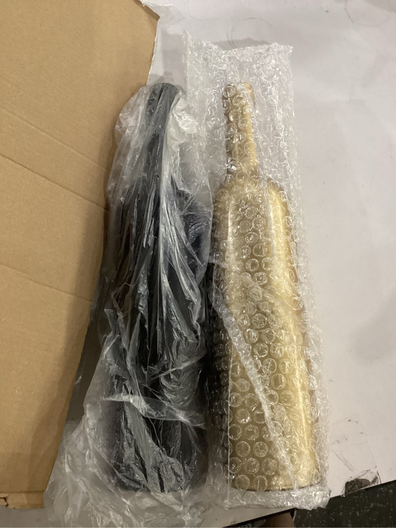 Condition photo showing As Is for ** missing parts only the bottles 8 pack* umigy 49 pcs roaring 20s party decorations 8 matte coated glass wine bottles 40 dipped feather 16.4 feet long string of pearls bead for 1920s themed wedding cake table centerpiece (black with gold)