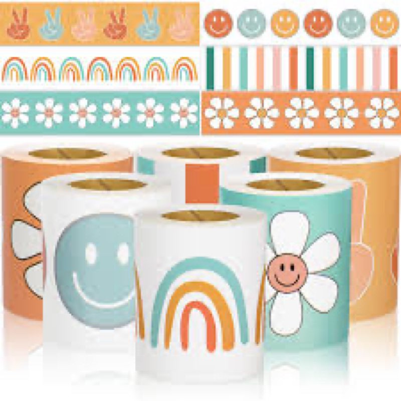 Whaline 196.8ft Groovy Retro Bulletin Board Borders Boho Rainbow Flower Face Victory Sign Die-Cut Bu