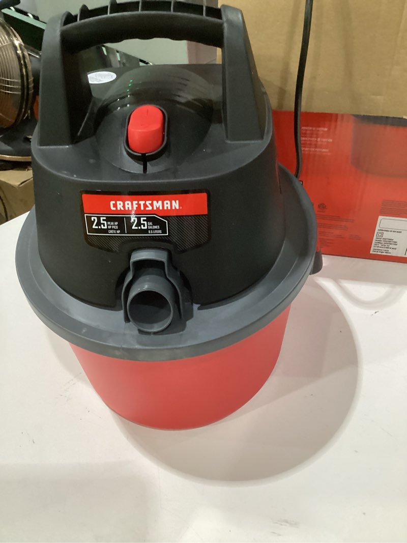 Condition photo showing As Is for craftsman cmxevbe17250 2.5 gallon 2.5 peak hp wet dry vac, portable shop vacuum wet and dry with filter bag, hose and attachments for cleaning in the home,not tested, incomplete