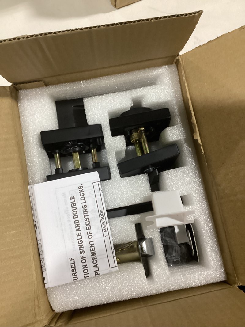 Condition photo showing As Is for Exterior Door Lock Set with Deadbolt, Door Locks for Front Door with Single Cylinder Deadbolt Lock, Matte Black Door Handle with Lock and Key for Front Door, 3 Pack (All Same Keyed Alike) Matte Black 3 Keyed Entry Door Handle & Deadbolt