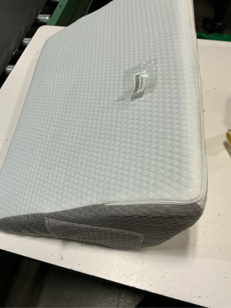 Condition photo showing As Is for bedluxe knee pillow for back sleeping, leg pillow knee wedge pillow, memory foam wedge pillows for legs post surgery, triangle pillow for knee support, leg elevation, knees hip back pain relief, white 23.6*18.9*7.9 inch white/grey