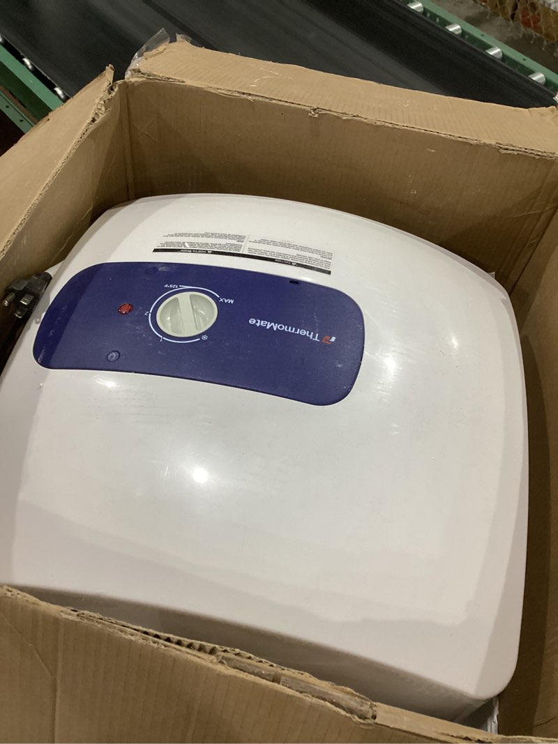 Condition photo showing As Is for thermomate electric tank water heater, 8.0 gallon point of use instant small hot water heater 120v 1440w, wall or floor mounted, plug-in to use, ul listed es800 8.0 gallons, not tested