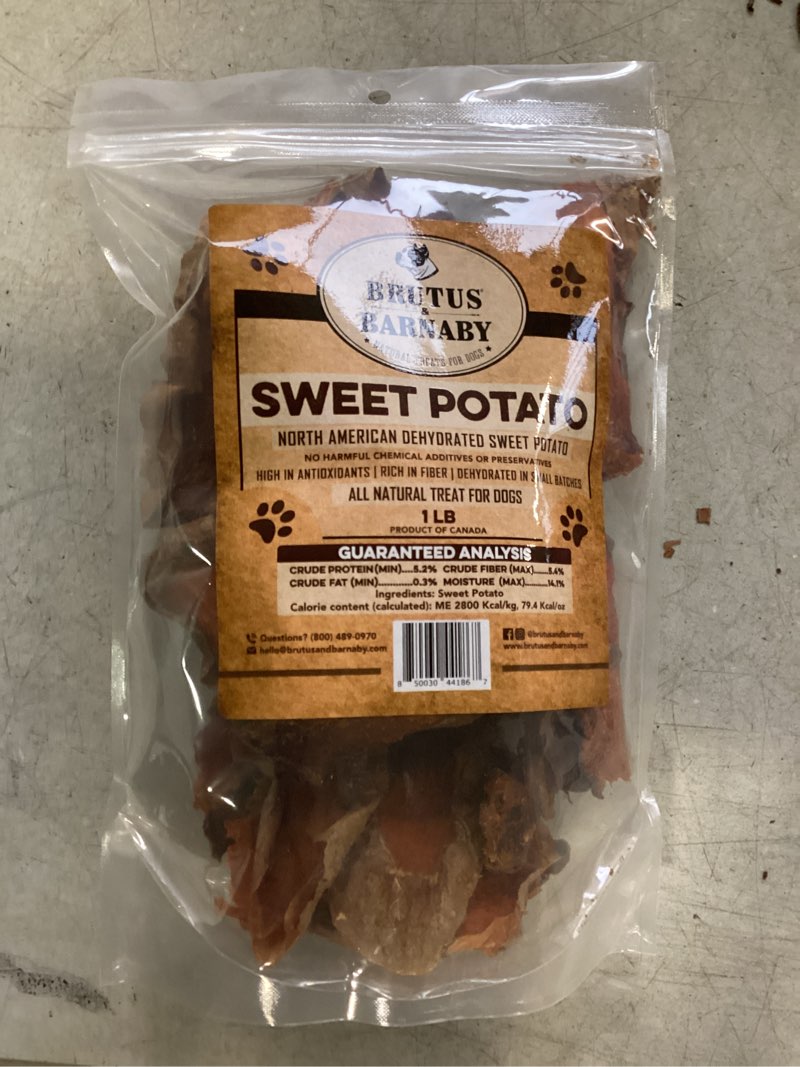 Condition photo showing New/Like New for (BB: JUL/14/2027) BRUTUS & BARNABY Sweet Potato Dog Treats – Support Sensitive Stomachs with USA-Grown, Hypoallergenic Treats That Smell as Good as They Taste Full Slices 8 Ounce (Pack of 1)