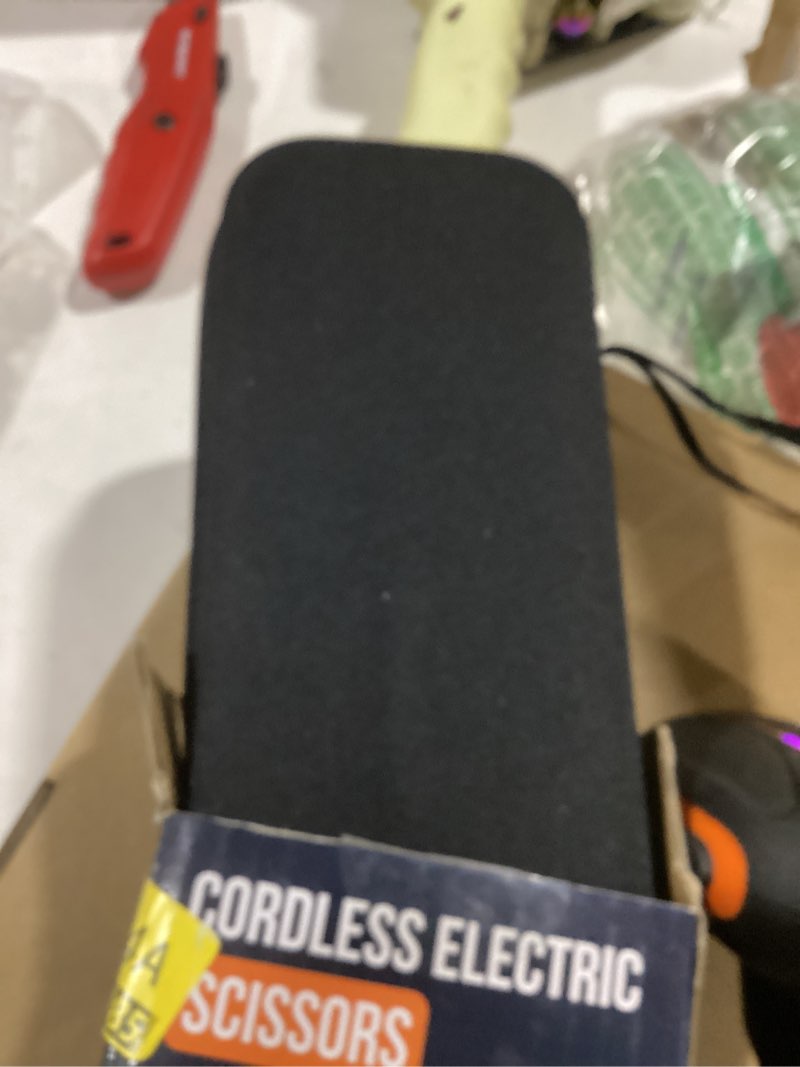 Condition photo showing As Is for cordless electric scissors: 4v rechargeable rotary cardboard cutter, 3000mah battery, with led light & safety lock, 2 blades, electric box cutter for fabric carpet carton plastic leather cloth(yellow)
