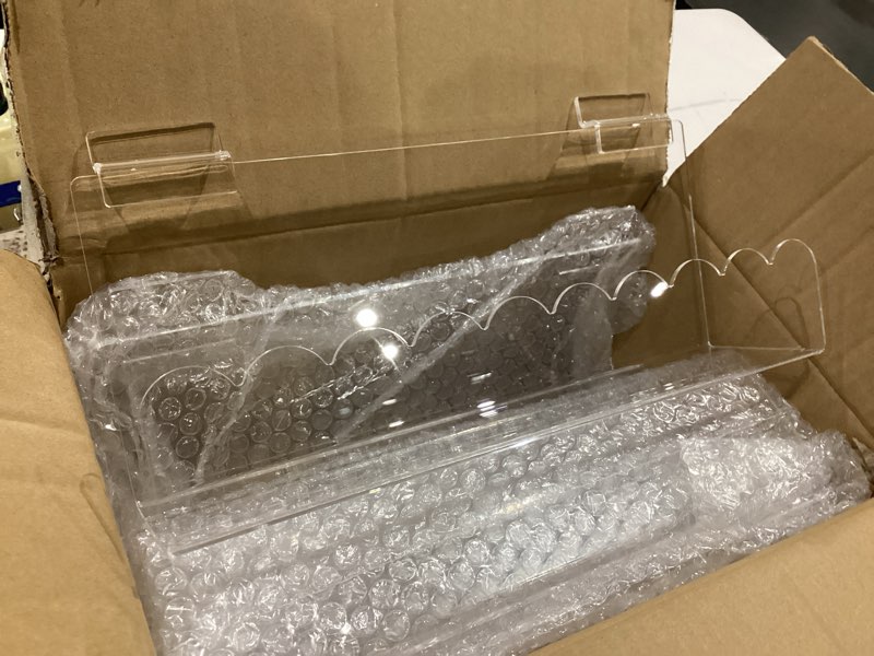 Condition photo showing New/Like New for briwooody 4 pack slatwall j ledge shelf, clear acrylic slatwall shelves with lip hanging storage accessories for retail display boutiques home stores boutiques (12 inch wide by 3 inch deep,wavy shape)