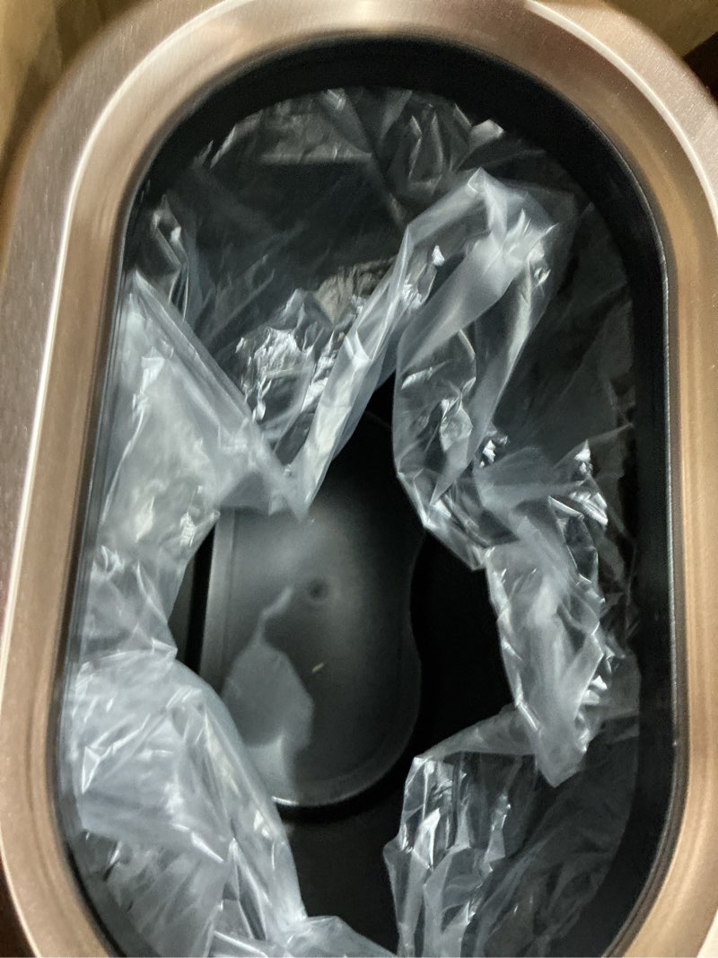 Condition photo showing Good Condition for 9l/2.4galslim bathroom trash can, 12 * 7.75 * 13.67 inches, stainless steel with pp inner bucket, smooth, with garbage bag inner lining, suitable for bathrooms, bedrooms, offices, hotels champagne gold