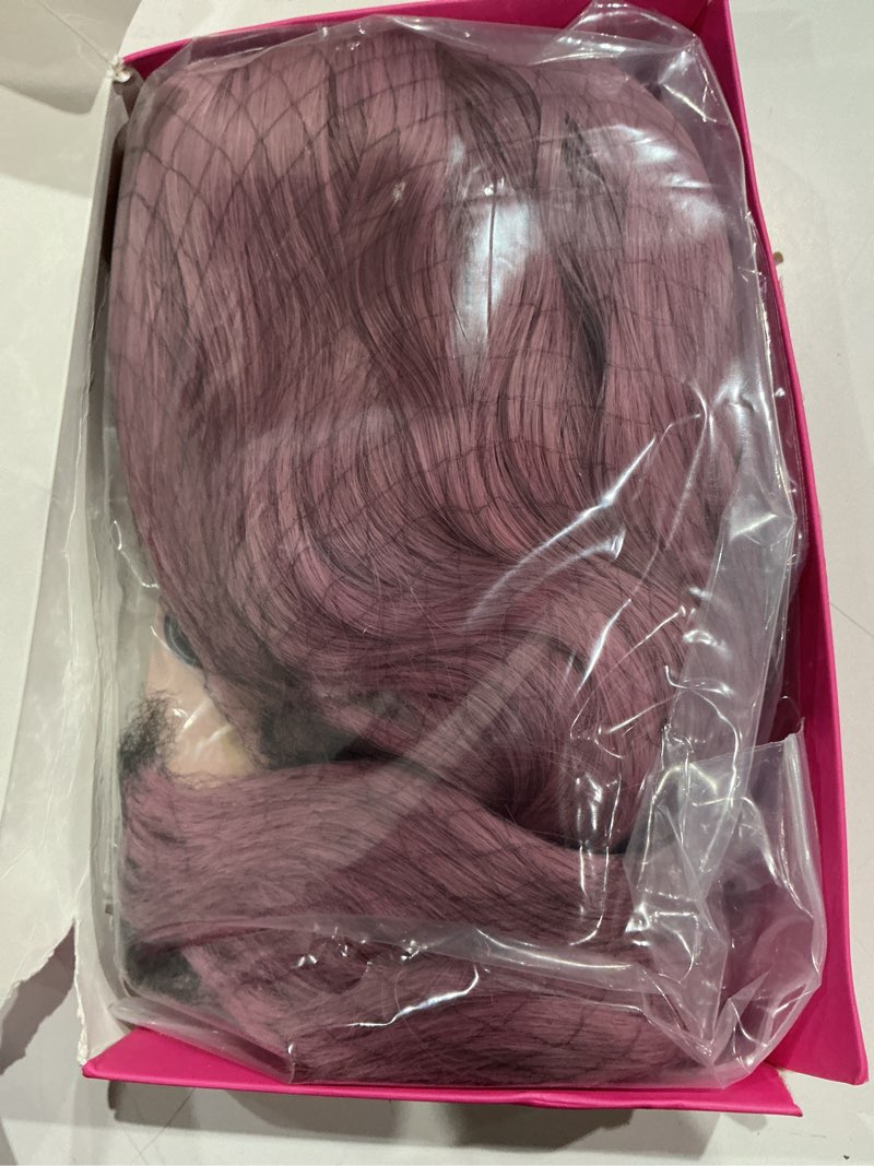 Condition photo showing As Is for vckovcko valentine's day gift pink wavy wig with air bangs women's short wigs curly wavy shoulder length synthetic wig for women daily use colorful wigs(12", purple pink) a- purple pink