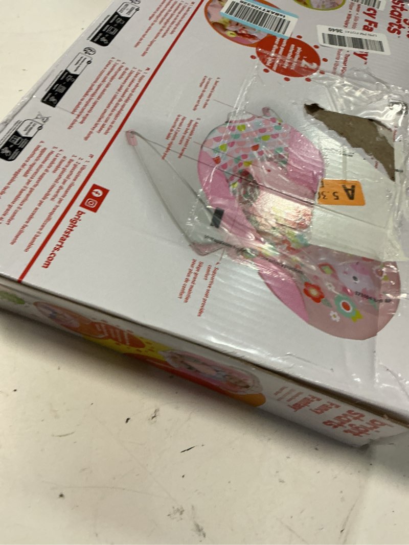 Condition photo showing New/Like New for bright starts baby bouncer soothing vibrations infant seat - removable -toy bar, nonslip feet, 0-6 months up to 20 lbs (fancy fantasy, pink unicorn)
