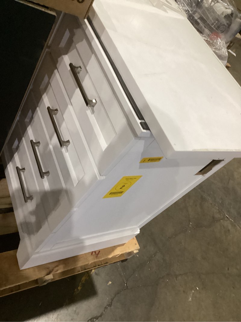 Condition photo showing As Is for ove decors athea 42” pure white undermount single sink bathroom vanity with white