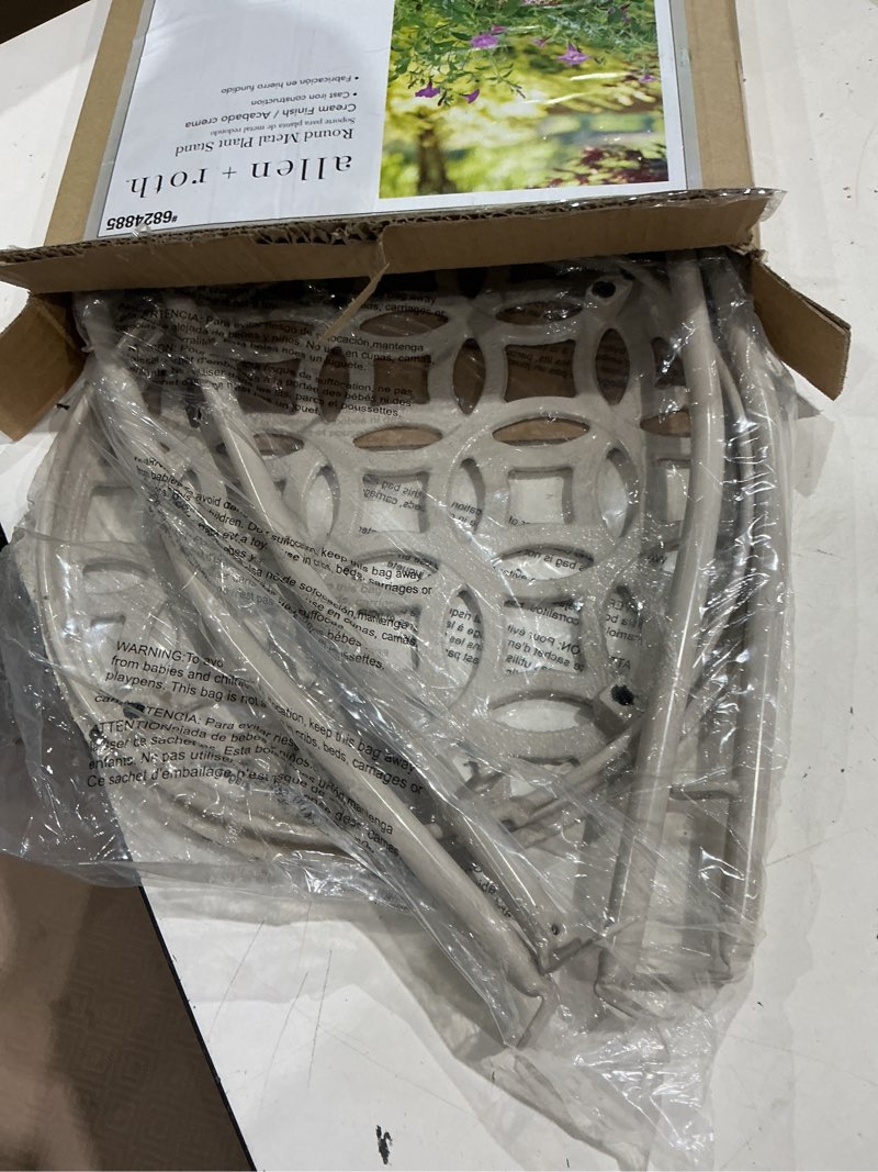 Condition photo showing As Is for allen + roth 15-in h x 11.81-in w cream indoor/outdoor round cast iron plant stand