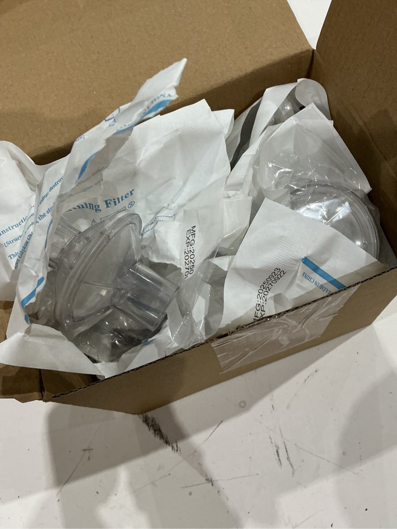 Condition photo showing As Is for 12-pack cpap filters, cpap inline filter for most standard cpap and bipap machines, compatible with resmed & dreamstation size 22mm & 25mm cpap tube, cpap supplies 12 pack