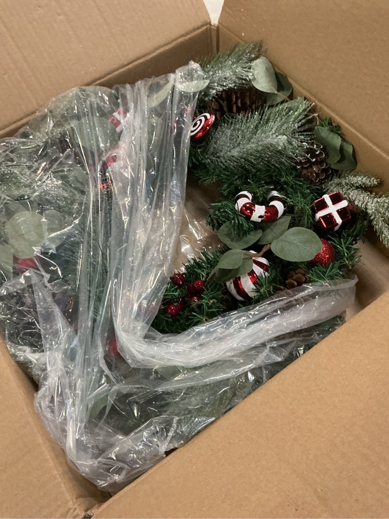 Condition photo showing Good Condition for WANNA-CUL Pre-Lit 24 Inch Lighted Christmas Wreath for Front Door Red White Christmas Door Wreath Decoration with Ball Ornaments, Candy Canes,Eucalyptus Leaves, Battery Operated 30 LED Lights