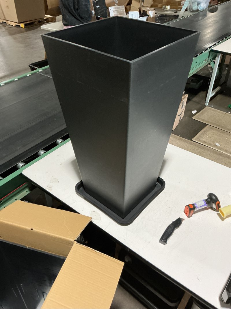 Condition photo showing Good Condition for 2-piece black plastic weather-resistant tall planter (10 in. w x 24 in. h)