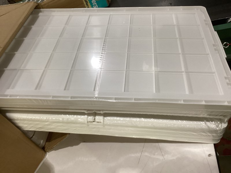 Condition photo showing New/Like New for OlarHike 48QT Lockable Storage Bins with Lids - Folding Storage box with Doors and Wheels, Collapsible Plastic Storage Bins for Closets, Stackable Storage Organizer, Storage Containers, 4 Pack Cubes 48QT 4Pack