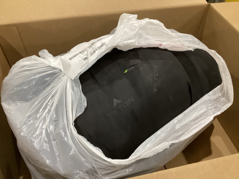 Condition photo showing As Is for Teton LEEF Lightweight Mummy Sleeping Bag for Camping, Hiking, Backpacking; Cold Weather Option, Compression Sack Included 0F Regular Black/Sage