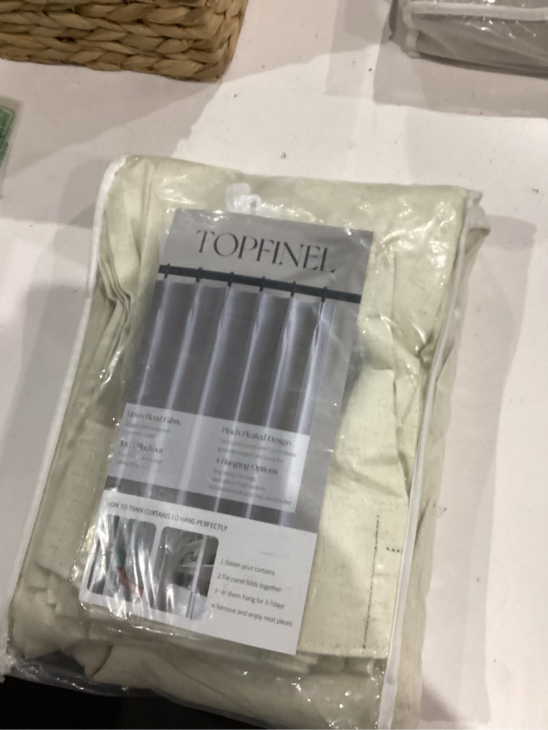 Condition photo showing Good Condition for Topfinel Oatmeal Beige Pinch Pleated Curtains 84 Inches Long for Living Room 2 Panels Sets,Stone Washed Linen Earth Tone Decor Back Tab Boho Neutral Greige Earthy Sheer Curtain for Bedroom