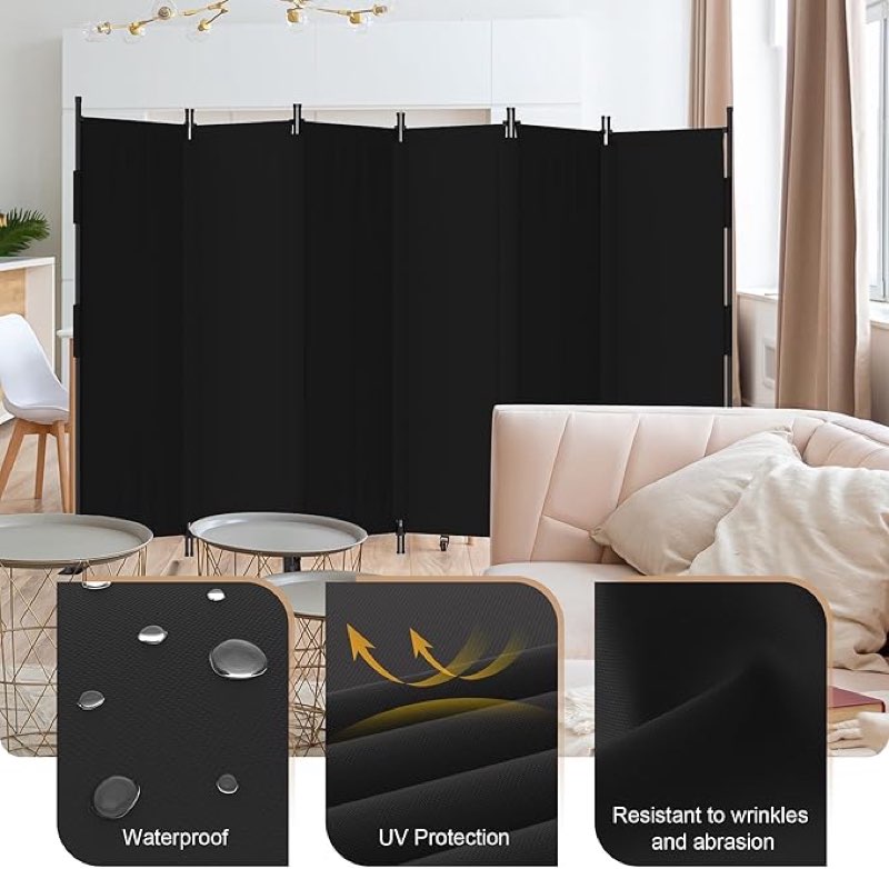 phonjoroo room divider, 6 panel upgraded folding privacy screen,  highly secretive separation with 4 metal feet, partition screen, lightweight freestanding wall divider bedroom (black)