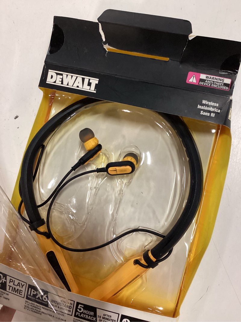Condition photo showing As Is for dewalt wireless bluetooth behind-the-neck headphones 1 pk