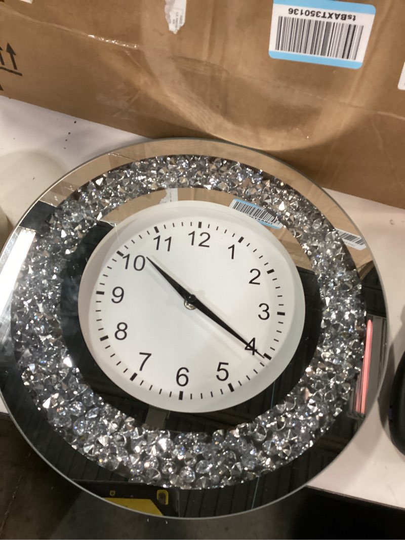Condition photo showing New/Like New for 14 inch crystal crushed diamond mirrored wall clock - sparkle twinkle bling wall clock silver round clock for living room, bedroom, home decor, silent non-ticking quartz movement white