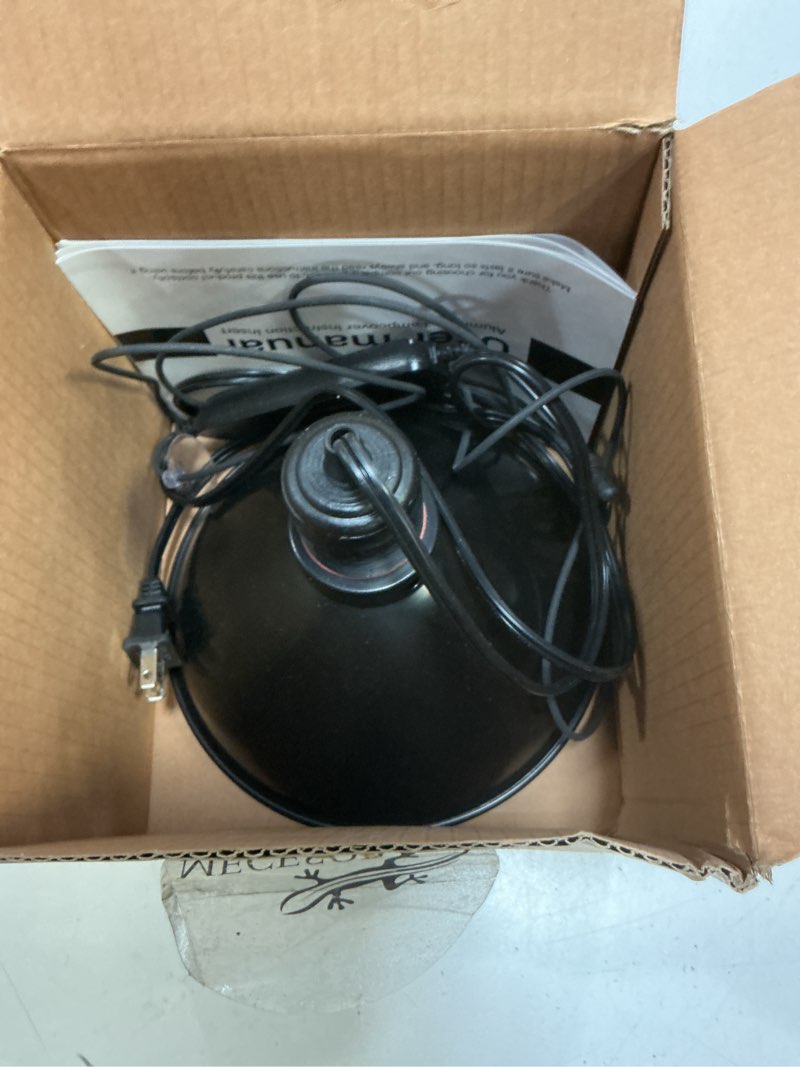 Condition photo showing As Is for mecesor reptile light fixture with thermostatic timer, 8.5 inch deep dome lamp cap reptile heat lamp fixture with separate switches, terrariums light fixture for ceramic heating lamp bulb
