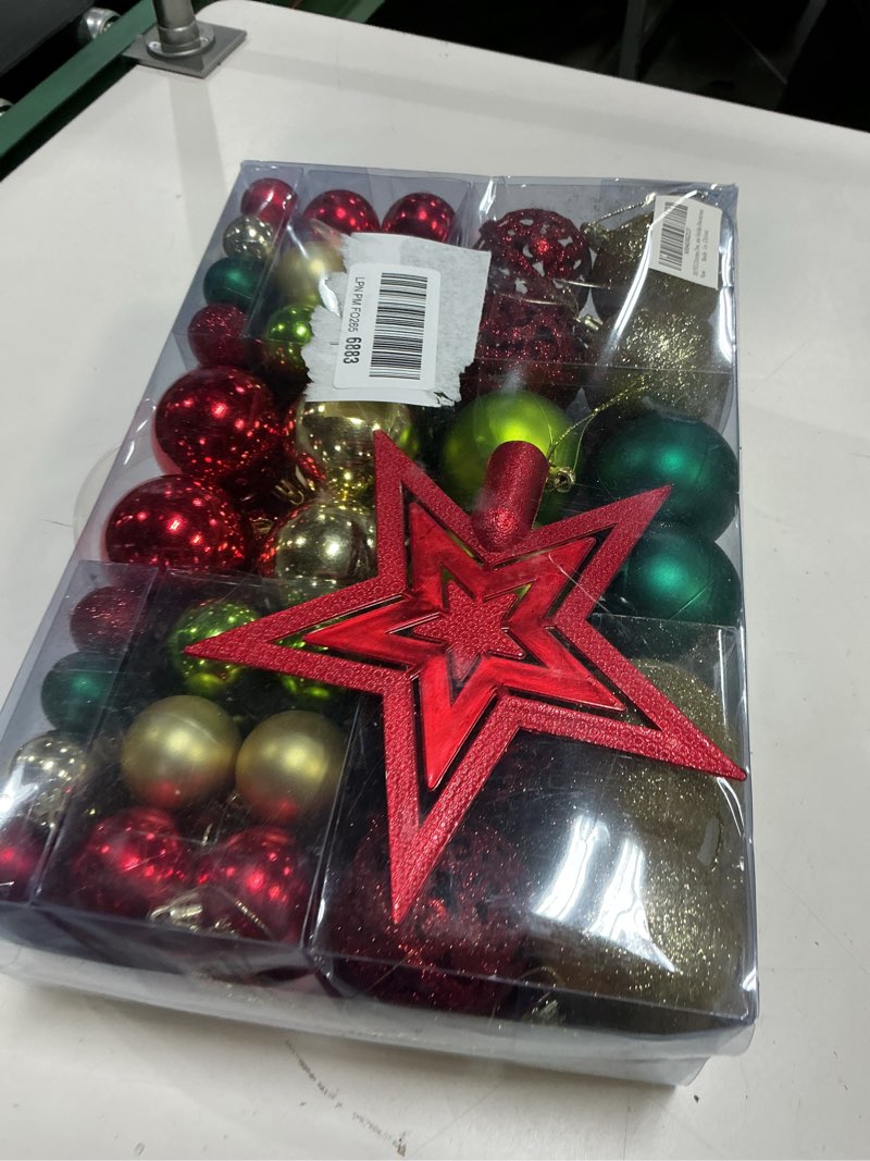 Condition photo showing New/Like New for 101 PCS Christmas Tree Ornaments Decoration Set, Red Golden Green Shatterproof Plastic Baubles Christmas Balls for Xmas Holiday Decorations 101pcs Christmas Balls