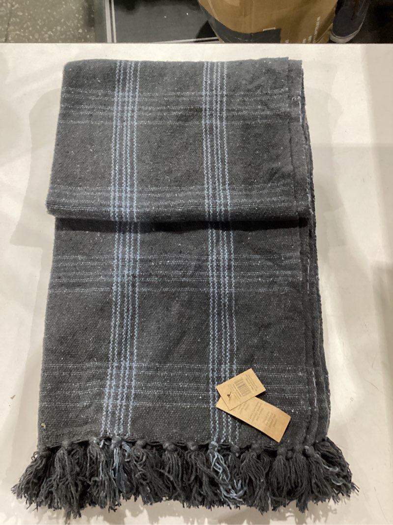 Condition photo showing Good Condition for creative co-op recycled cotton blend throw blanket with fringe, grey plaid grey 60 inches l x 50 inches w