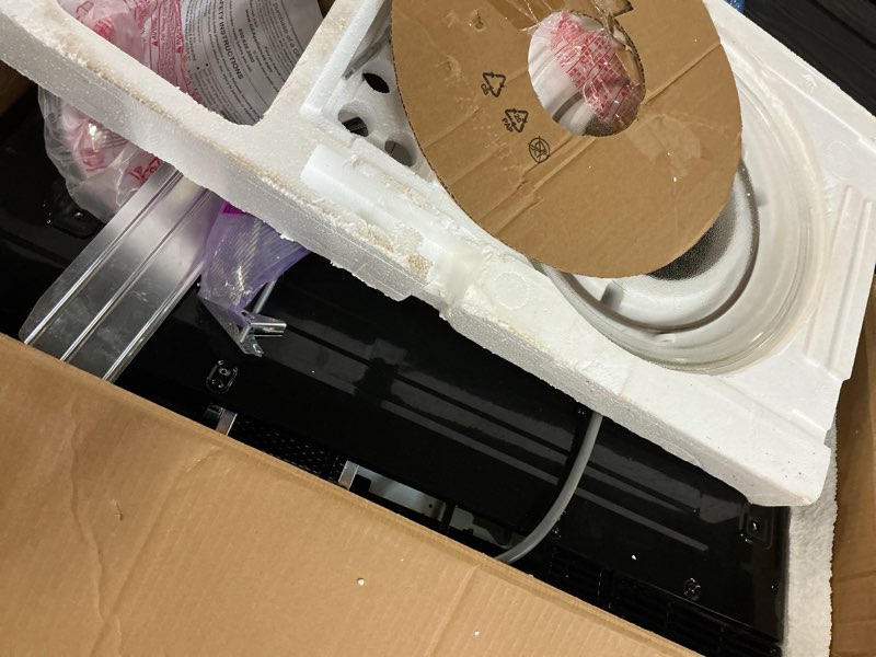 Condition photo showing As Is for ge 30" over-the-range microwave, 1.6 cu. ft., 1000 watts, 300 cfm hood vent, led lighting, auto defrost, easy mount install, stainless steel, jvm3160rfss