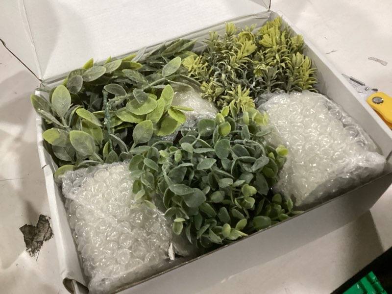 Condition photo showing As Is for der rose 3 pack mini potted fake plants artificial plastic eucalyptus plants topiaries for home office desk farmhouse shelf room bathroom decor(sage green)