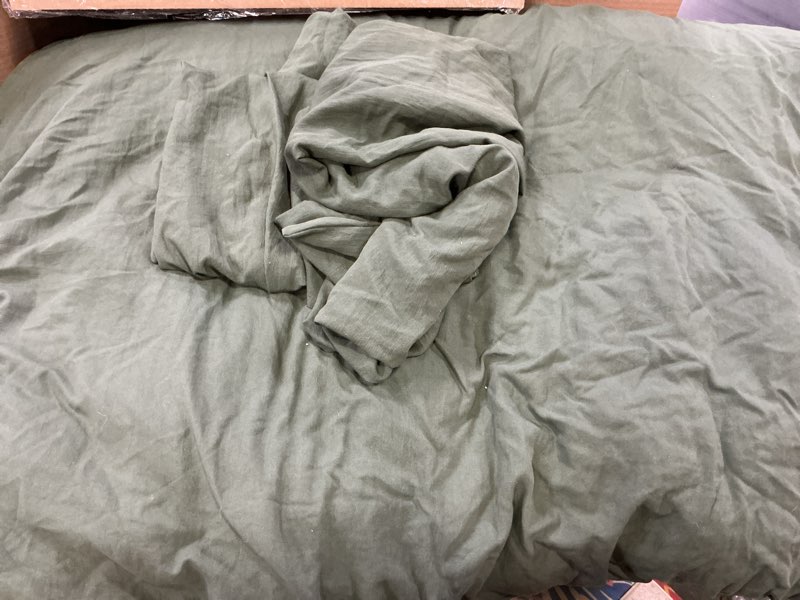 Condition photo showing As Is for sonoro kate 100% french linen duvet cover queen size, soft breathable for hot sleepers, moisture wicking & durable cover set - zipper closure & 4 corner ties duvet covers 3 piece (olive green,queen) olive green queen